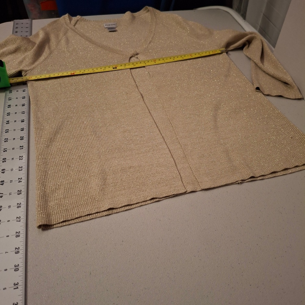Chicos Gold Metallic Shimmer Ribbed Cardigan Sweater Size 2 Large V-Neck Sparkle - Picture 5 of 7